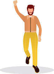 A young guy walks down the street with his hand raised. Vector illustration in a flat style.

