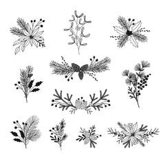 Hand Drawn Christmas Floral Bouquet Bundle on white background - 536031905