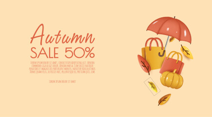 Autumn sale flyer template. Bright fall leaves with umbrella, shopping bag. Poster, card, label, banner design. Bright Autumn background.