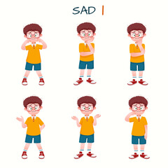 Set of kid boys showing sad expression.Vector illustration.