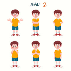 Set of kid boys showing sad expression.Vector illustration.