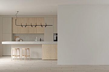 Modern scandinavian kitchen design with empty wall , mock up , 3d rendering