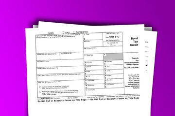Form 1097-BTC documentation published IRS USA 11.19.2019. American tax document on colored