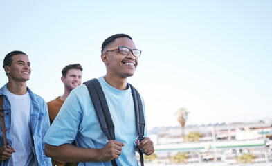 Student, education or travel with a man and friends walking to class on university or college campus as exchange students. Study, scholarship and learning with a male friend group in a city or town