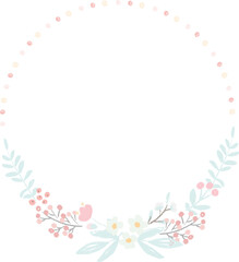 cute hand draw style pastel pink and blue spring tiny little flower and leaf wreath