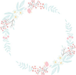 Fototapeta na wymiar cute hand draw style pastel pink and blue spring tiny little flower and leaf wreath