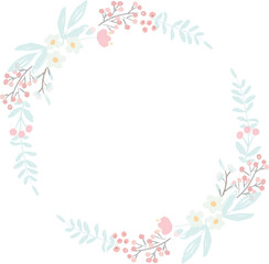 cute hand draw style pastel pink and blue spring tiny little flower and leaf wreath