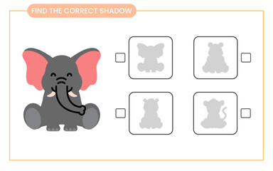 Find the correct shadow elephant. Activity worksheet for preschool kids. Animals theme. vector illustration.
