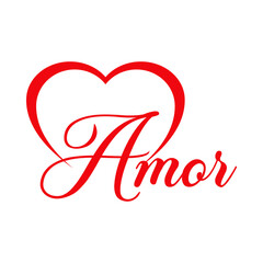 Logo con texto manuscrito Amor en español con silueta de corazón lineal con filigrana caligráfica. Líneas con florituras