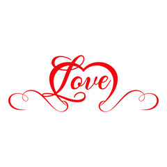 Fototapeta na wymiar Logo con texto manuscrito Love con silueta de corazón lineal con filigrana caligráfica. Líneas con florituras