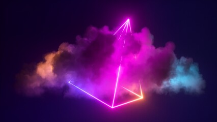 3d rendering, abstract pink blue neon background with glowing cloud and cube box geometric shape