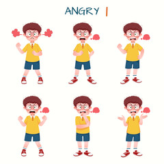 Set of kid boys showing angry expression.Vector illustration.