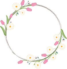 Obraz premium tulip and daisy spring flower bouquet wreath frame