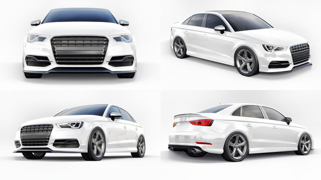 Berlin. Germany. February 2, 2021. Audi S3. Super fast sports car white color on a white background. Body shape sedan. Tuning is a version of an ordinary family car. 3d rendering.