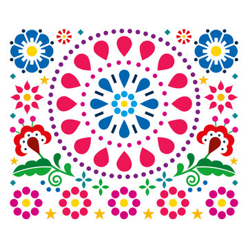 Mexican folk art style vector design with flowers and geometric mandala - perfect for greeting card or wedding invitaion
