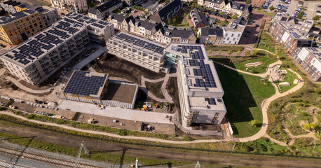 Panorama of Ubuntuplein in urban development of real estate investment project in Noorderhaven neighbourhood. Aerial architecture, housing and landscaping.