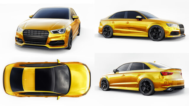 Berlin. Germany. February 2, 2021. Audi S3. 3d illustration. Super fast sports car on a white background. Body shape sedan. Tuning is a version of an ordinary family car. 3d rendering.