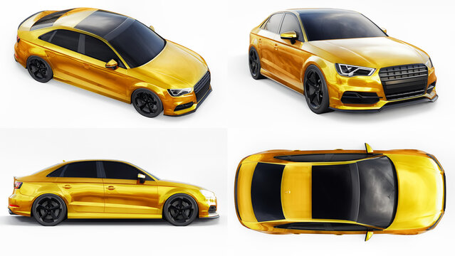 Berlin. Germany. February 2, 2021. Audi S3. 3d illustration. Super fast sports car on a white background. Body shape sedan. Tuning is a version of an ordinary family car. 3d rendering.