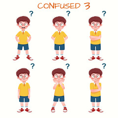 Set of kid boys showing confused expression.Vector illustration.