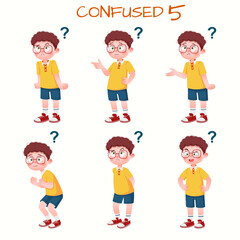 Set of kid boys showing confused expression.Vector illustration.