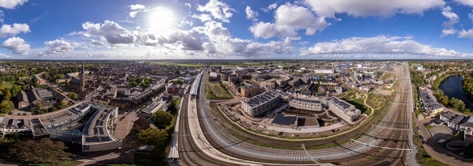 Aerial 360 panorama of Ubuntuplein construction site in urban development real estate investment project in new Noorderhaven neighbourhood ready for VR use
