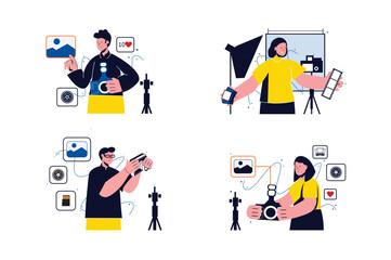 Photo studio concept with people scenes in the flat cartoon style. Photographers prepare for shoots, edit photos and set up cameras. Vector illustration.