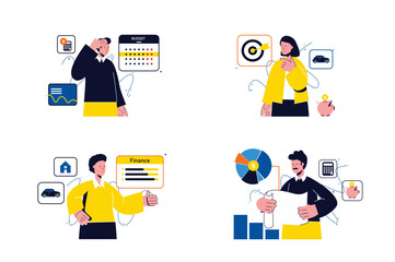 Concept Planning financial budget with people four scenes in the flat cartoon style. Financiers and economists allocate the budget to different types of expenses. Vector illustration.