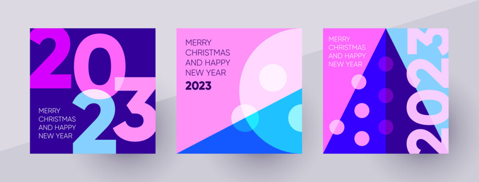 Merry Christmas And Happy New Year 2023 Social Post Set. Vector Illustration