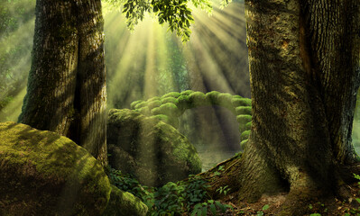 Fantasy forest landscape with old stone bridge in sun rays between trees, mossy rocks and leaves