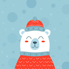 Christmas postcard with cute bear on a red scarf and sweater on a blue background with snowflakes