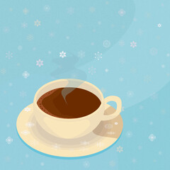 Card with coffee cup and snowflakes on blue background