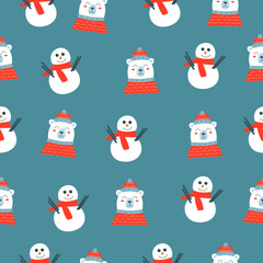 Seamless pattern with Cute smiling snoweman and white bear on a red hat and scarf on dark background