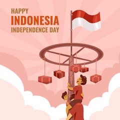 17 August. lomba panjat pinang. Indonesia Happy Independence Day greeting card with hands clenched, Spirit of freedom symbol. Use for banner, and background . - Vector