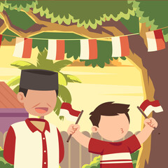 17 August. Indonesia Happy Independence Day greeting card with hands clenched, Spirit of freedom symbol. Use for banner, and background . - Vector