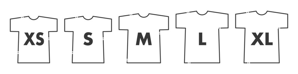 XS・S･M･L・XLのサイズ表記入りの5着の半袖Tシャツのアイコン - 白･アルファベット
