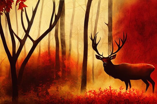 Digital watercolor painting of Beautiful image of red deer stag in colorful Autumn Fall landscape forest