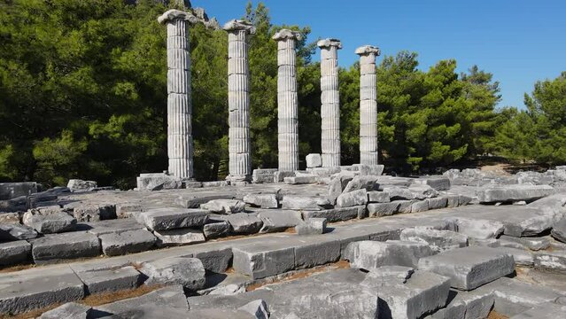 View of historical ruins, columns, ancient theater and temples in the ancient city of Priene.