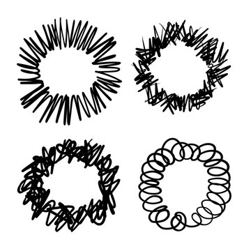 A set of sketches of hand drawn round frames. Doodle circular logo design elements. Sketch doodle picture frames