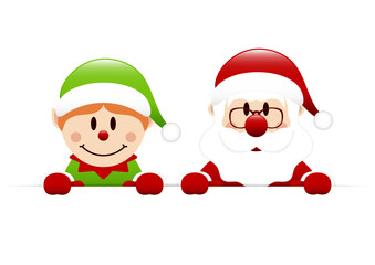 Elf Und Weihnachtsmann Halten Horizontales Banner Dunkelrot