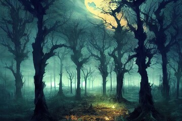 Realistic haunted spooky forest, creepy landscape at night. Fantasy Halloween forest background. Surreal mysterious atmospheric woods design backdrop. Digital art.