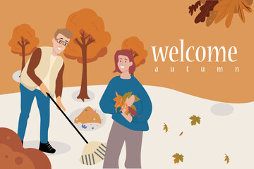 flat illustration vector the family is playing and cleaning the dry leaves in autumn in front of the house cheerfully and happily welcoming autumn