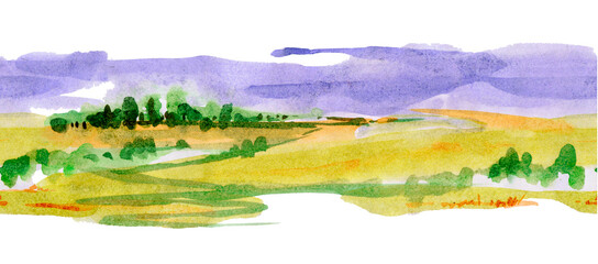 Wheat in the summer at daylight. Ripe wheat on the agriculture field with blue sky and clouds. Watercolor background. Harvest. Cover. Card. Calendar. Sketchbook. © Маргарита Шевчишена