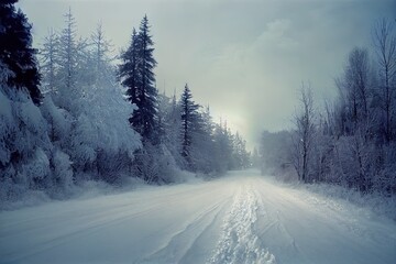Icy road with fir full of snow all along the road, Canada
