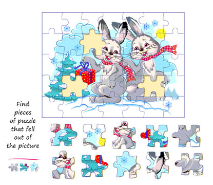 Logic game for children and adults. Find pieces of puzzle that fell out of picture. Page for kids brain teaser book. Task for attentiveness. Developing spatial thinking. Play online. Vector image.