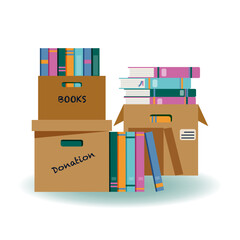 Donate books. Cardboard box with colourful books for donation. Vector illustration in cartoon flat style.