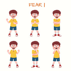 Set of kid boys showing fear expression.Vector illustration.