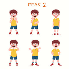 Set of kid boys showing fear expression.Vector illustration.