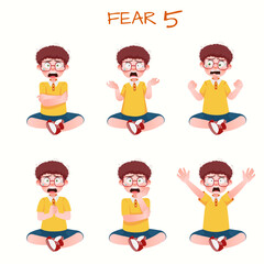 Set of kid boys showing fear expression.Vector illustration.