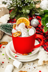 Hot cocoa or chocolate with marshmallows. Christmas traditional decor, New Year festive arrangement