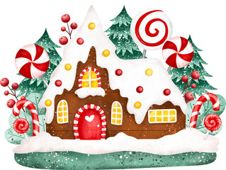Watercolor Illustration Christmas House with ornaments